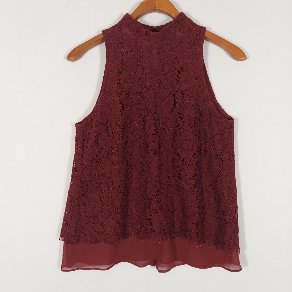 White House Black Market Lace‎ Mock Neck Sleeveless Keyhole Top Burgundy WHBM 2